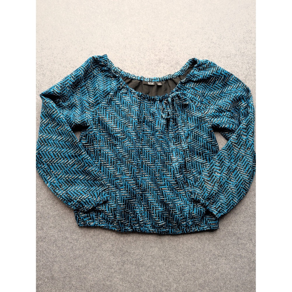 a.n.a. Women's Crinkle Top Puff Sleeve Long Blue Zig Zag Size M Bow